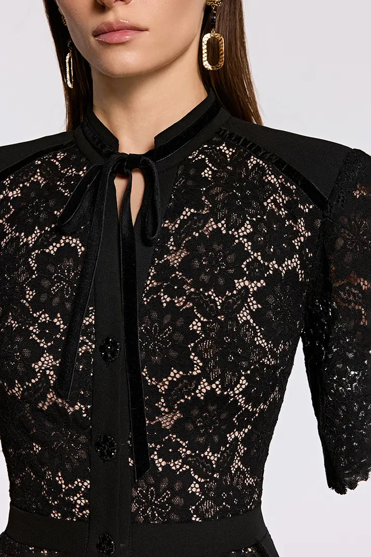 Crystal Button Guipure Midi Pencil Dress