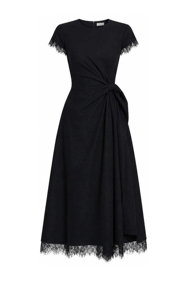 Asymmetric Draped Lace-Hem Midi Dress