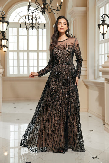 Round neck embroidered sequin long dress