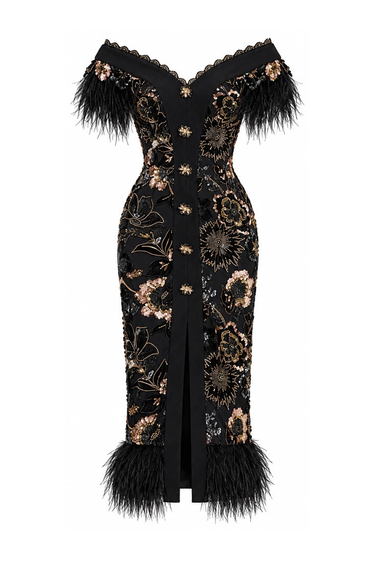 Off-Shoulder Embroidered Feather Midi Dress