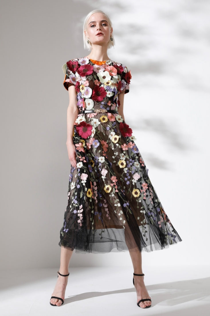 3D Floral Embellished Midi Dress
