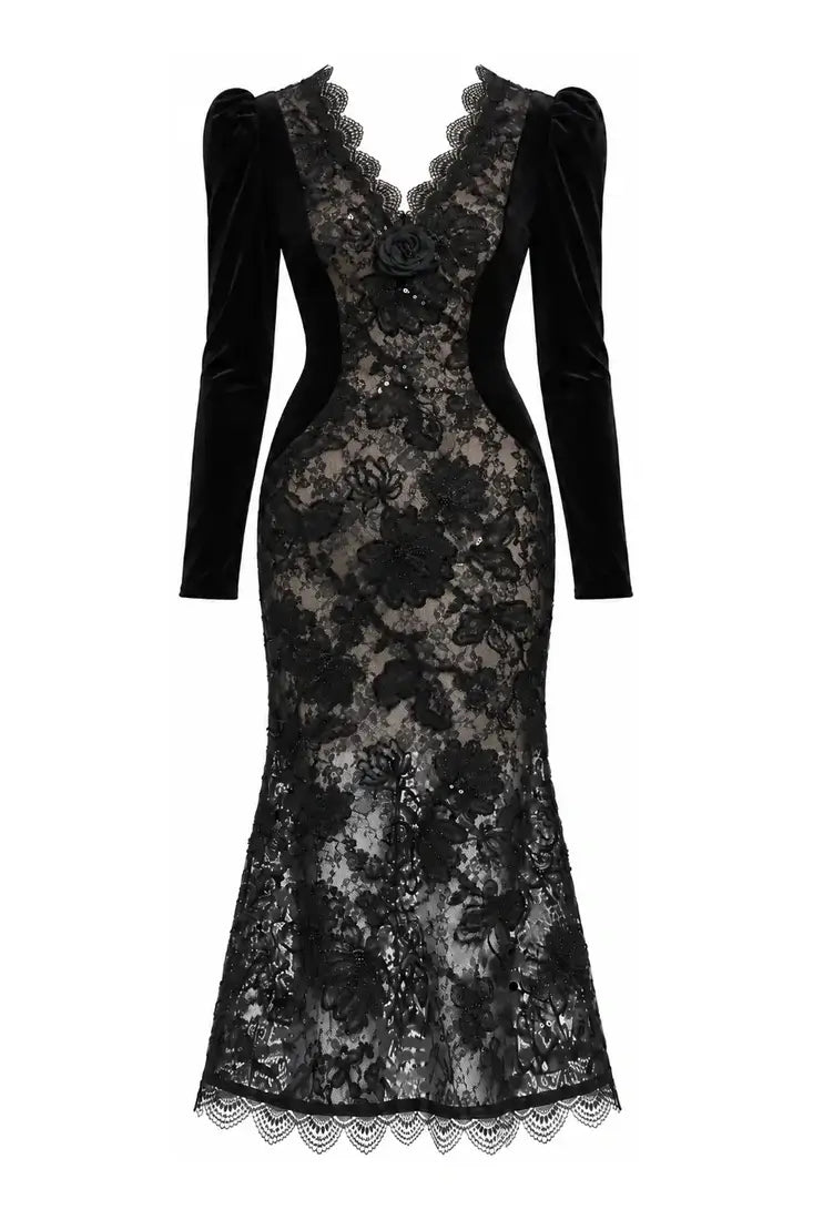 Velvet-Sleeve Embroidered Lace Midi Dress