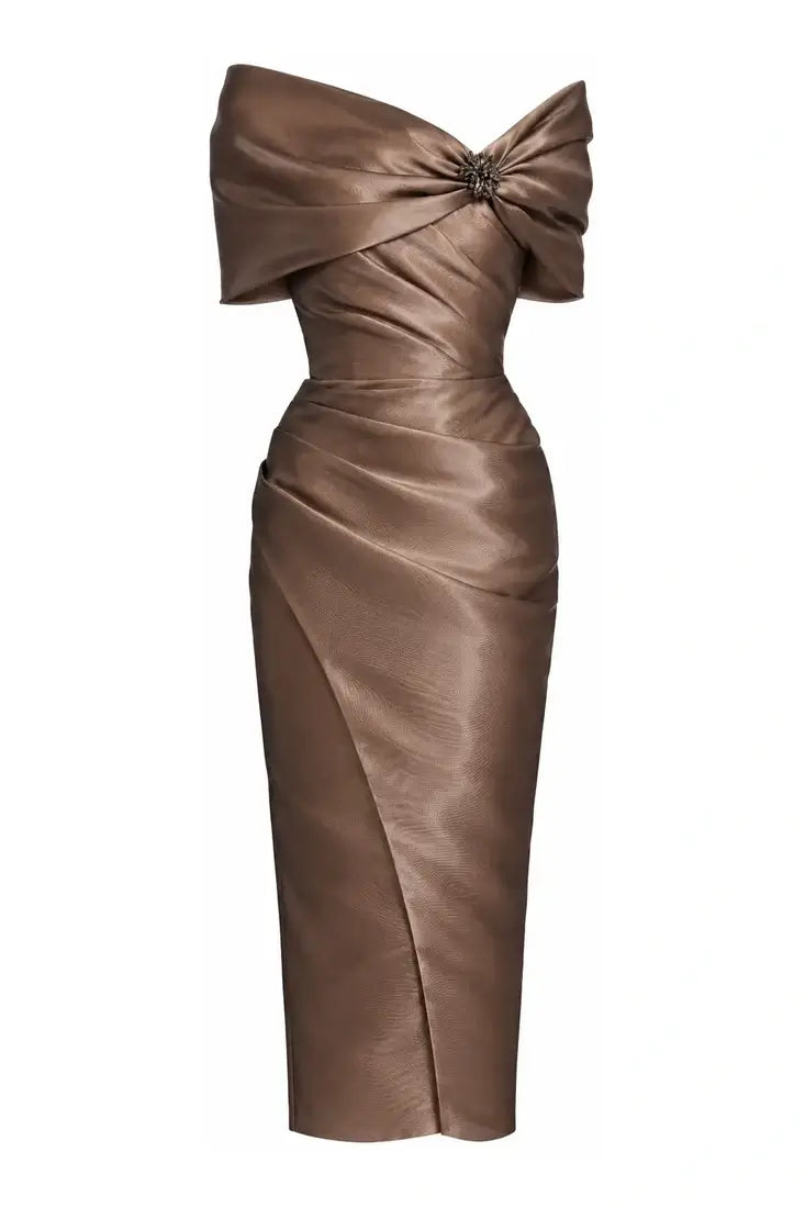 Asymmetric Draped Mikado Midi Dress