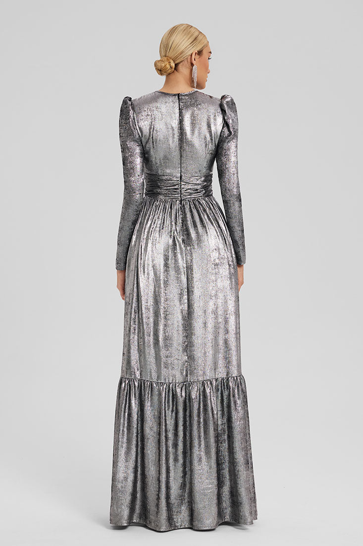 Metallic Georgette Gown with Chest Cutout