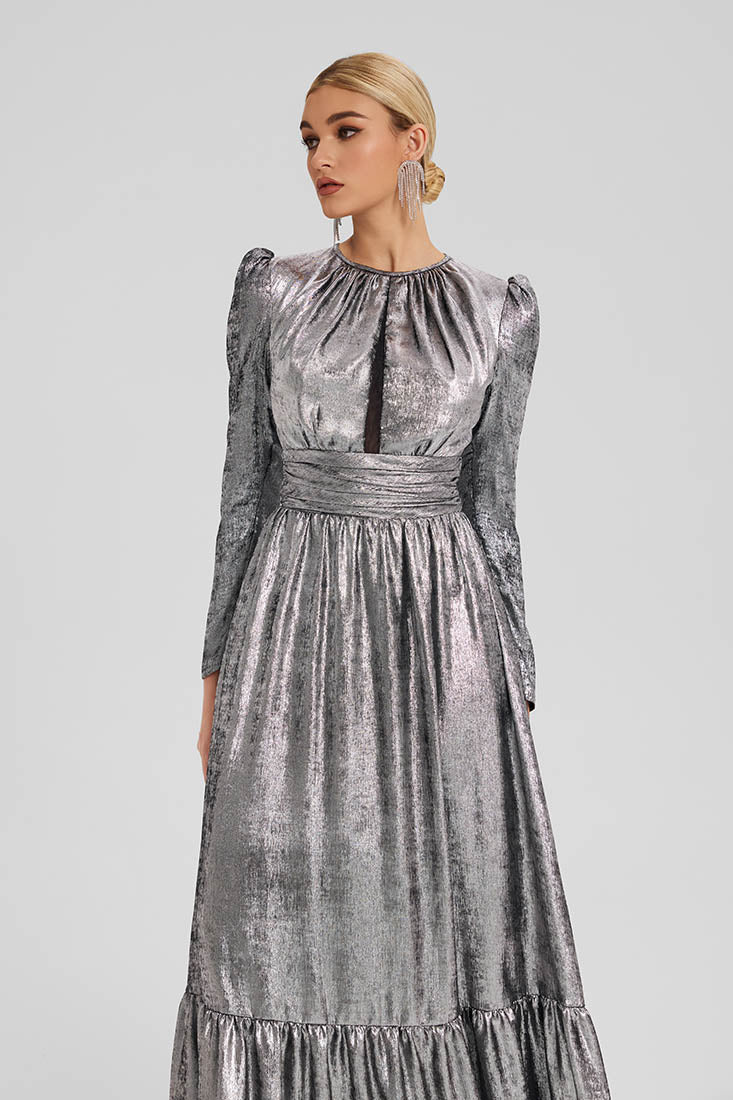 Metallic Georgette Gown with Chest Cutout