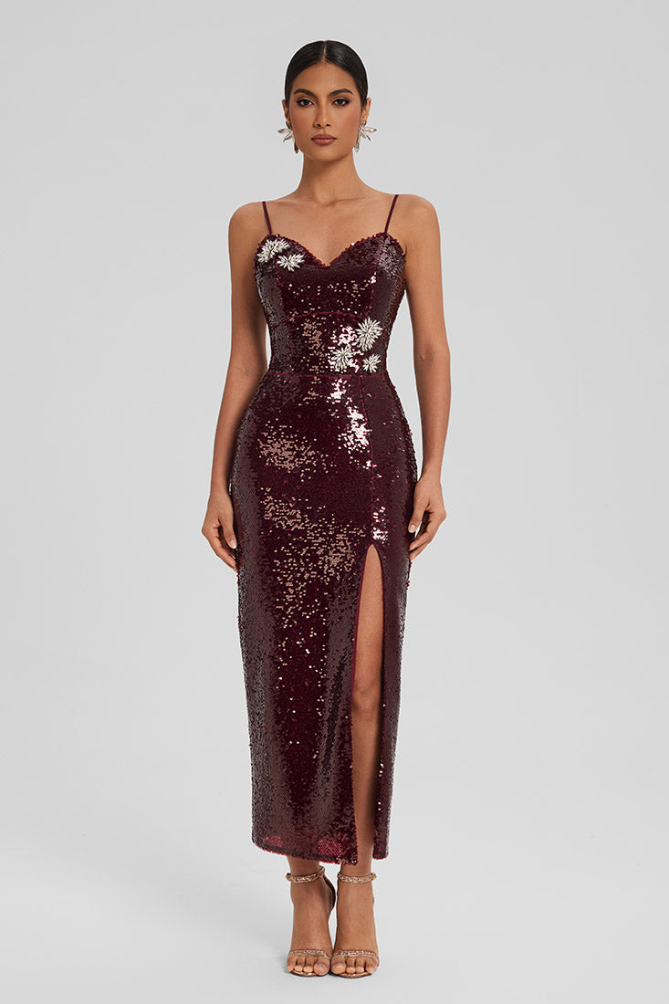 Sequin Midi Dress with Crystal Detail and Slit