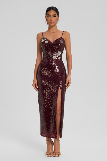 Sequin Midi Dress with Crystal Detail and Slit