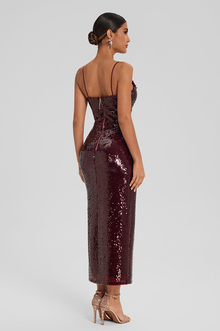 Sequin Midi Dress with Crystal Detail and Slit