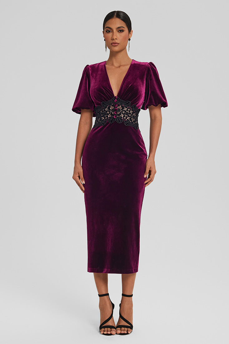 Velvet Midi Dress with Lace Detail