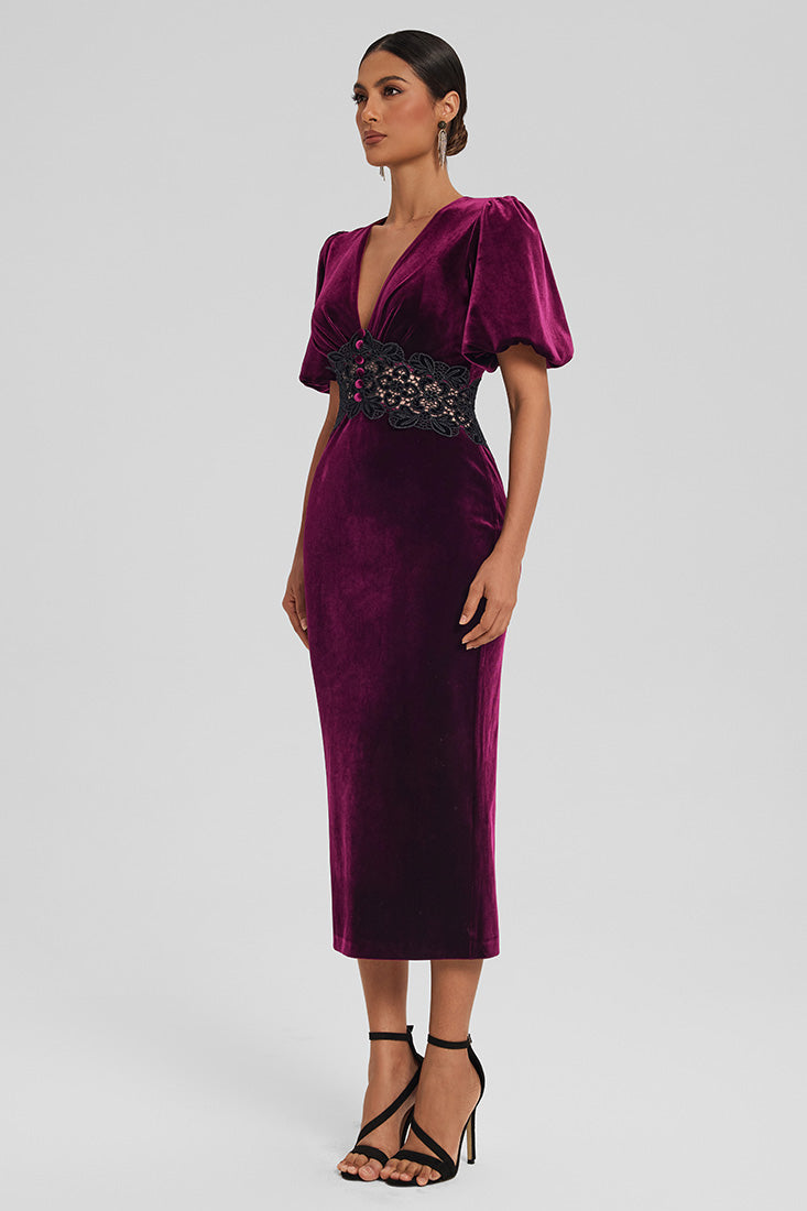 Velvet Midi Dress with Lace Detail
