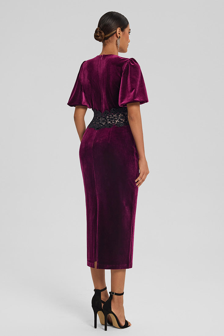 Velvet Midi Dress with Lace Detail