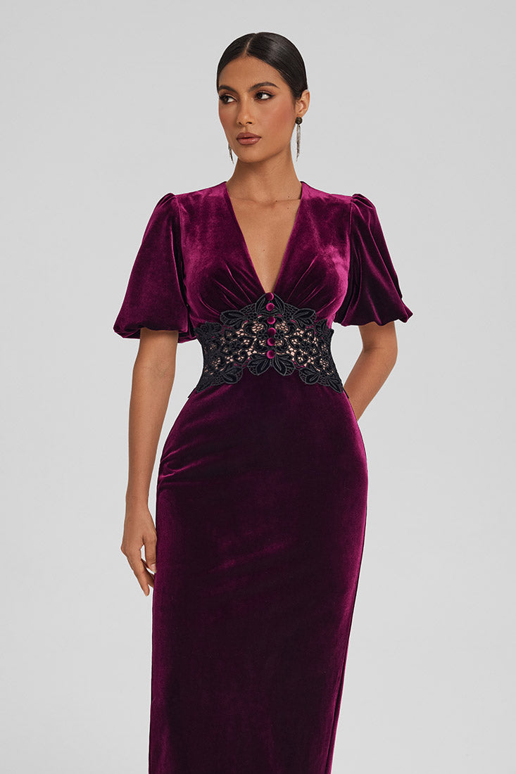 Velvet Midi Dress with Lace Detail