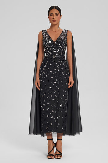 Sequin Tulle Dress with Chiffon Cape