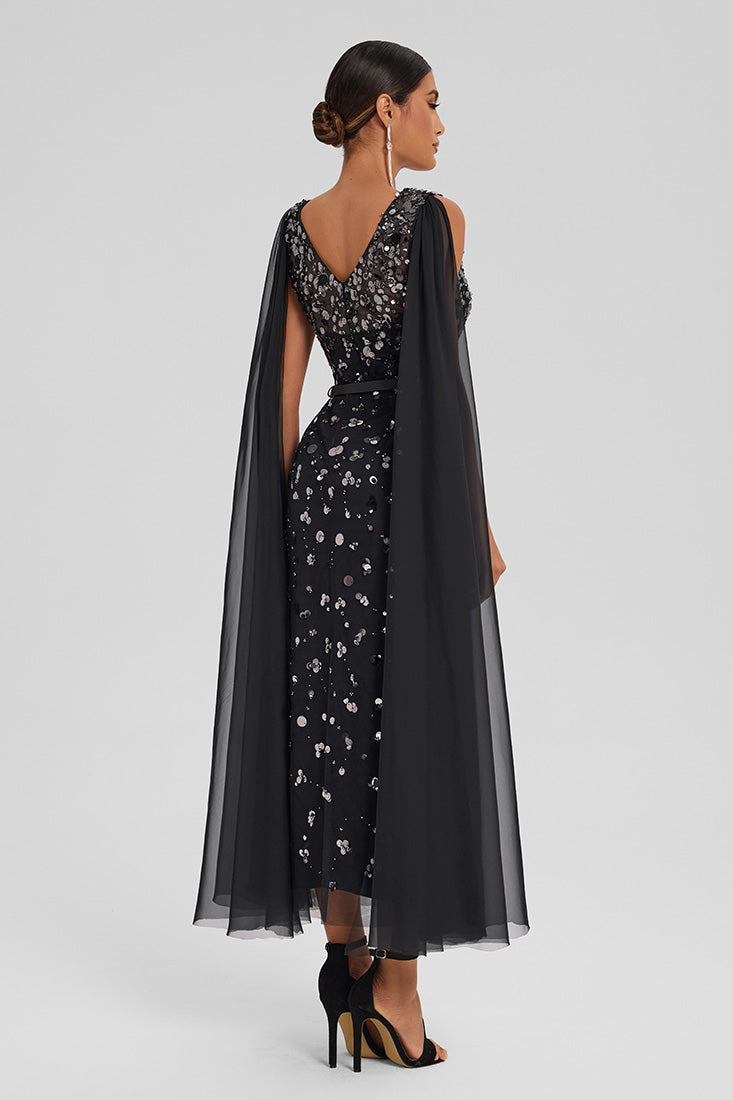 Sequin Tulle Dress with Chiffon Cape
