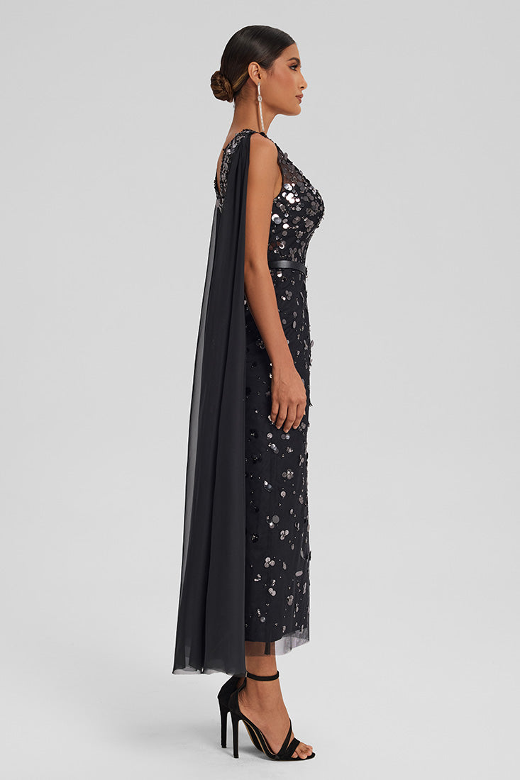 Sequin Tulle Dress with Chiffon Cape