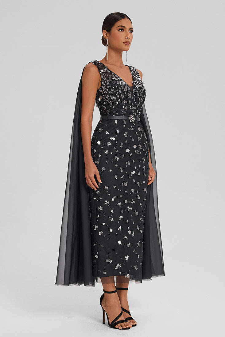 Sequin Tulle Dress with Chiffon Cape