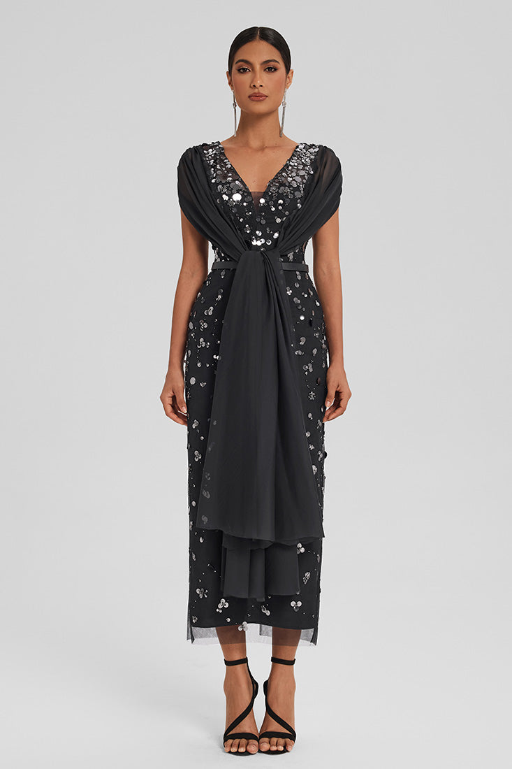 Sequin Tulle Dress with Chiffon Cape