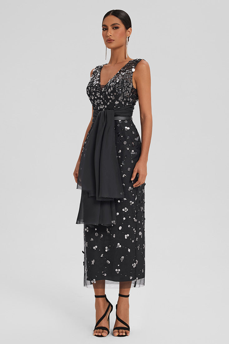 Sequin Tulle Dress with Chiffon Cape