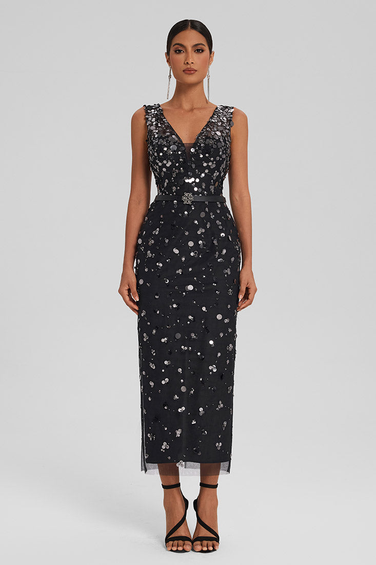 Sequin Tulle Dress with Chiffon Cape