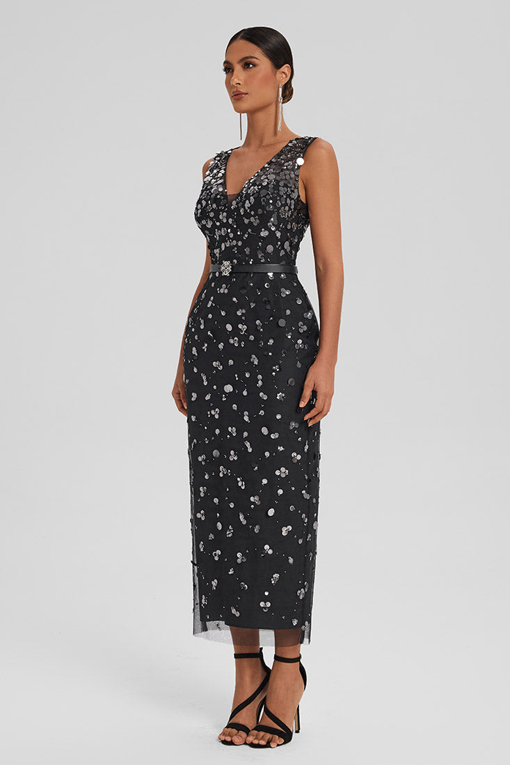 Sequin Tulle Dress with Chiffon Cape