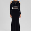Velvet Gown with Crystal Trim & Shoulder Cutouts