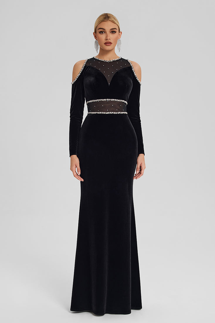 Velvet Gown with Crystal Trim & Shoulder Cutouts