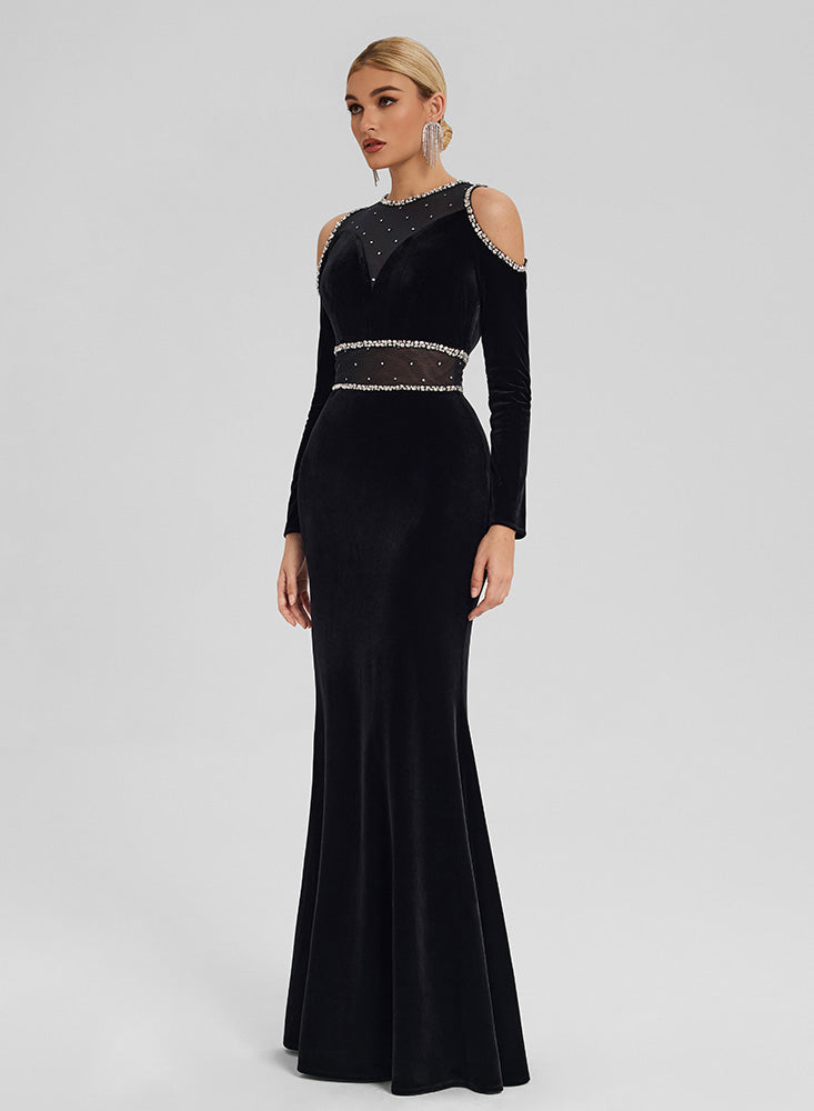 Velvet Gown with Crystal Trim & Shoulder Cutouts