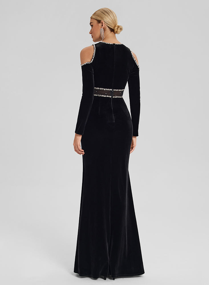 Velvet Gown with Crystal Trim & Shoulder Cutouts