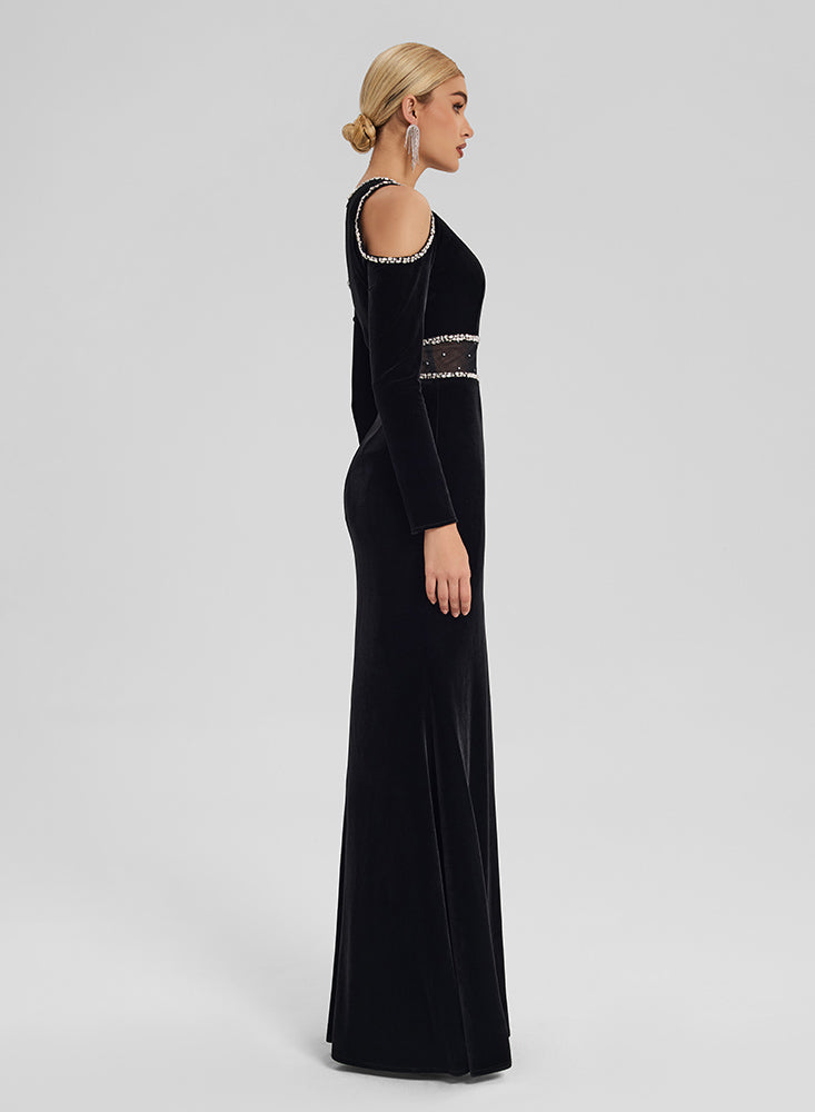 Velvet Gown with Crystal Trim & Shoulder Cutouts