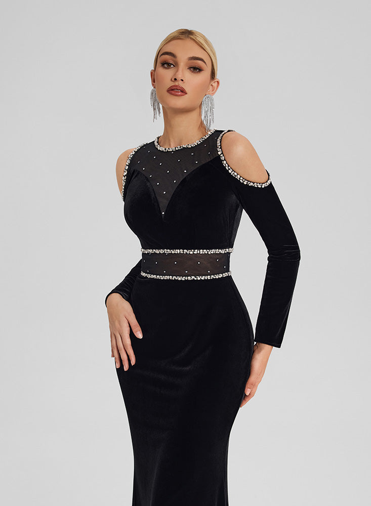 Velvet Gown with Crystal Trim & Shoulder Cutouts