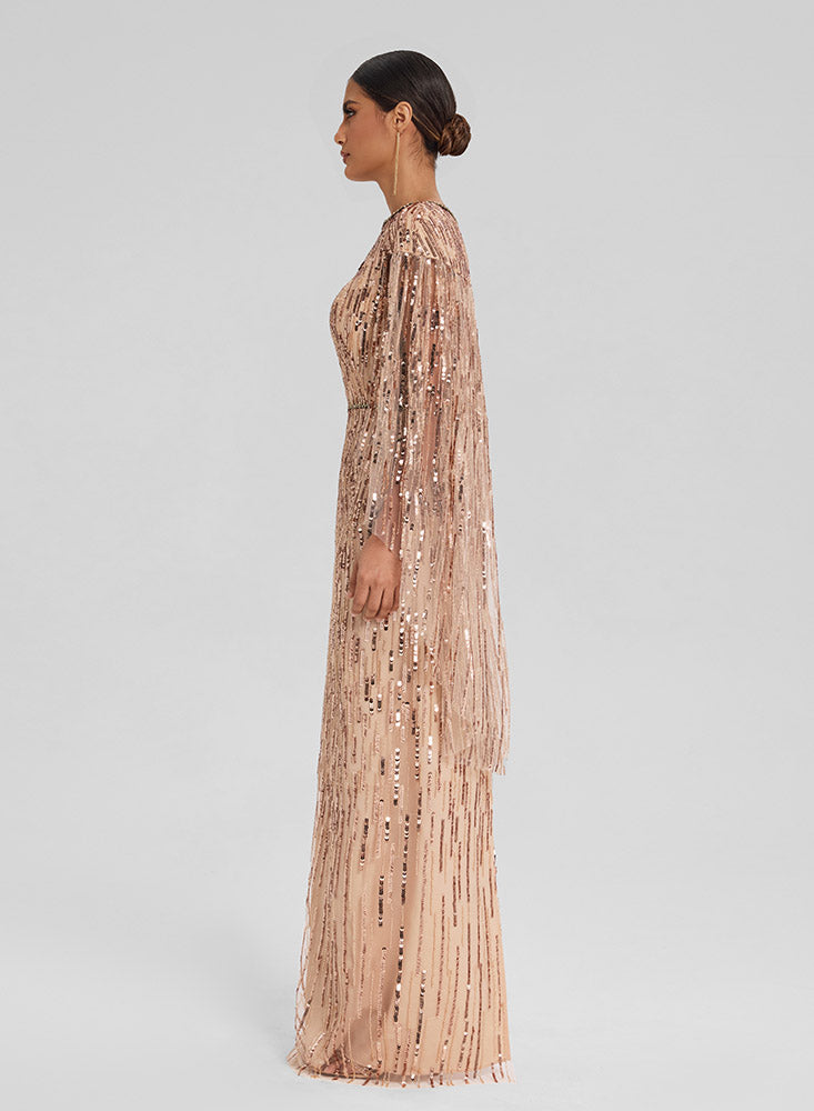 Embellished Tulle Gown with Cape Sleeves