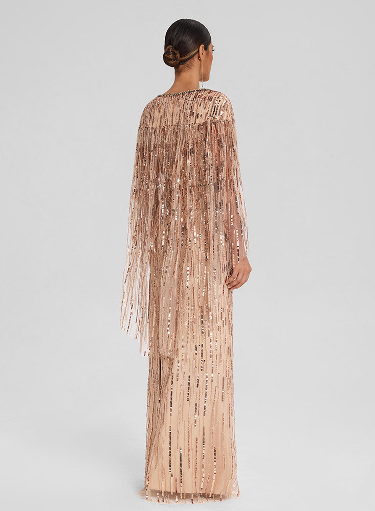 Embellished Tulle Gown with Cape Sleeves