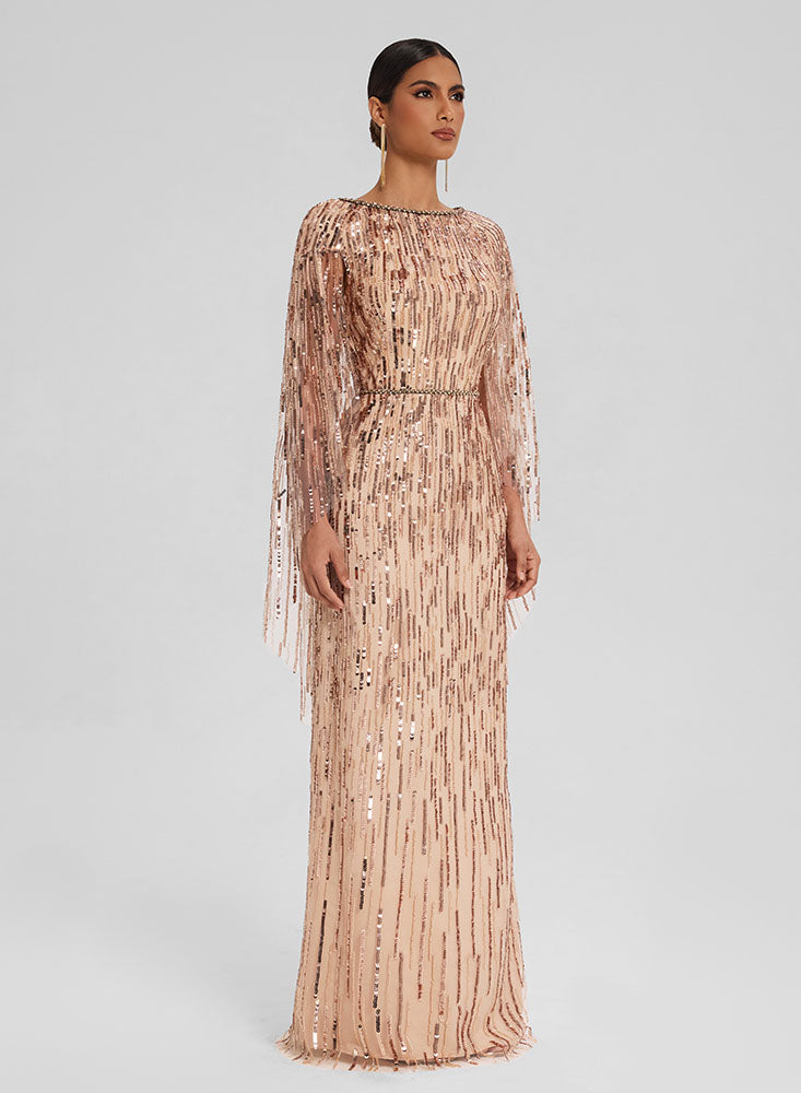 Embellished Tulle Gown with Cape Sleeves