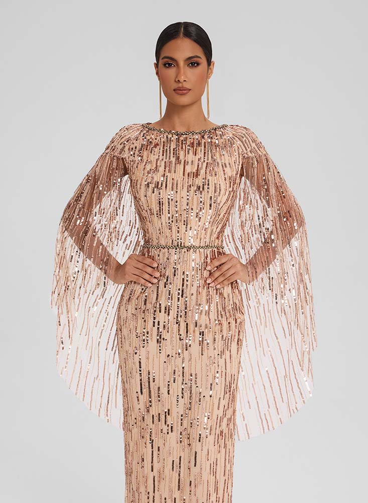 Embellished Tulle Gown with Cape Sleeves