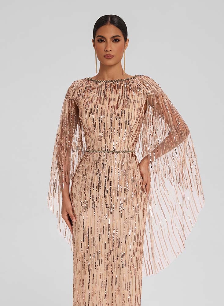 Embellished Tulle Gown with Cape Sleeves