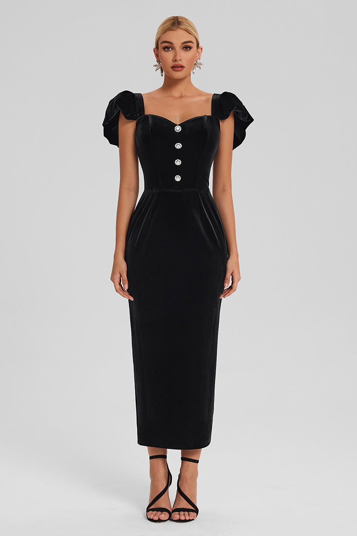 Velvet Peplum Dress with Puff Sleeves