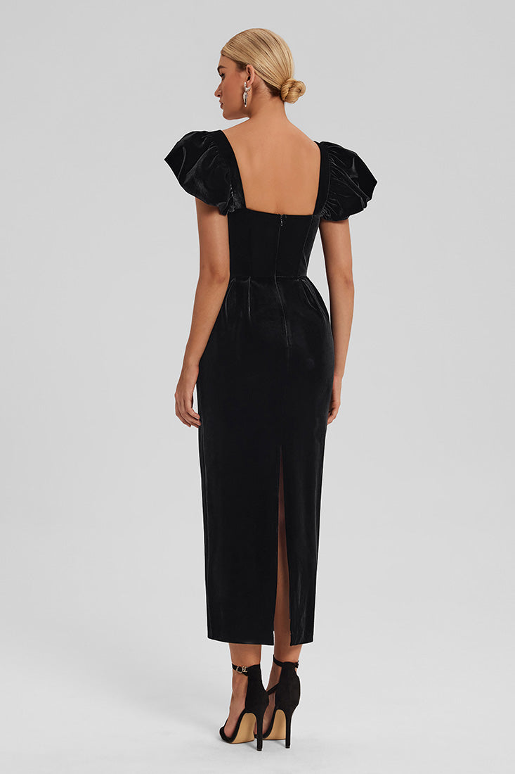 Velvet Peplum Dress with Puff Sleeves