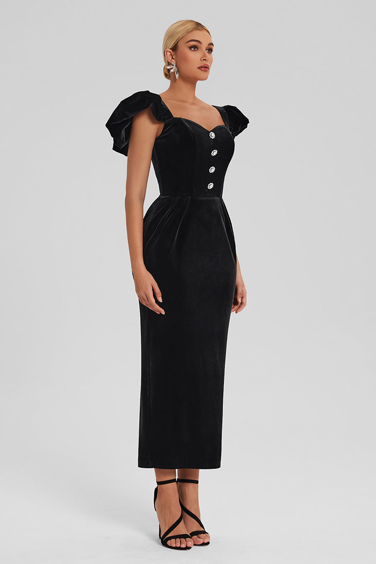 Velvet Peplum Dress with Puff Sleeves