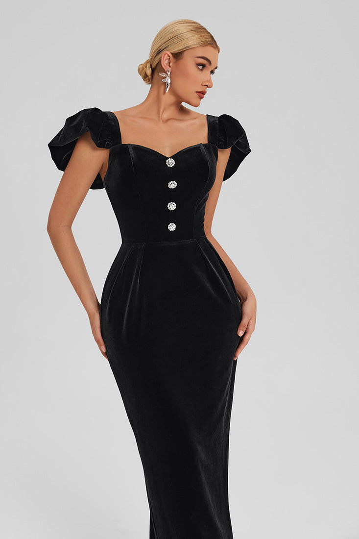 Velvet Peplum Dress with Puff Sleeves