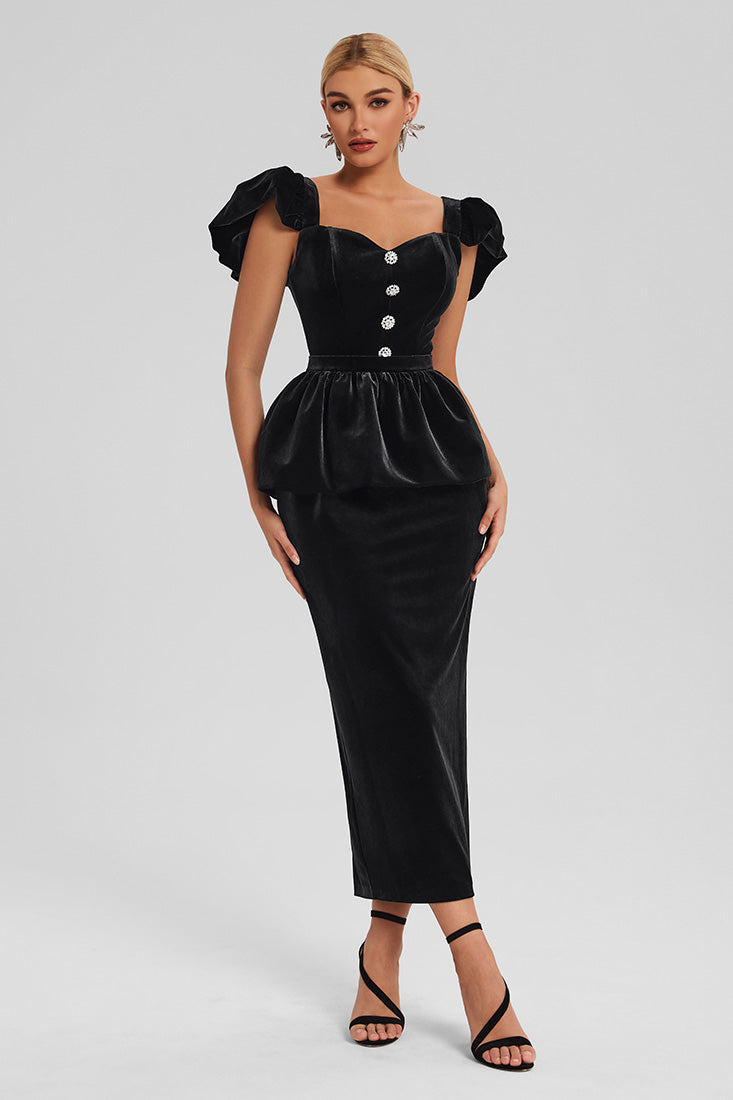 Velvet Peplum Dress with Puff Sleeves