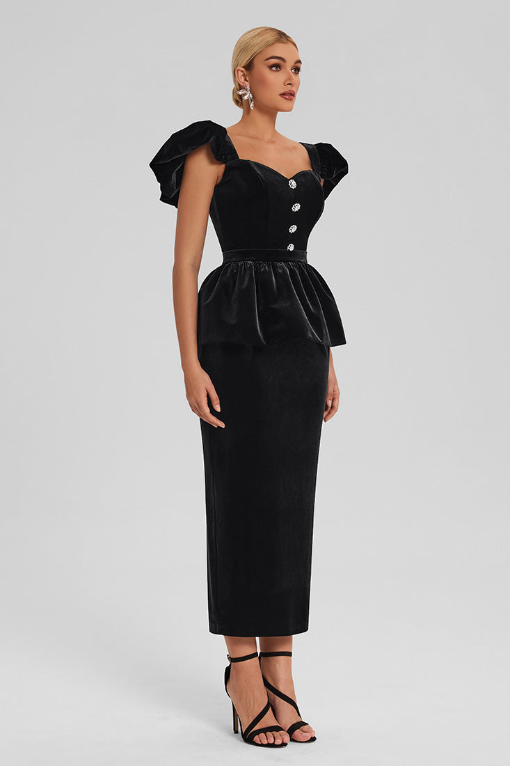 Velvet Peplum Dress with Puff Sleeves
