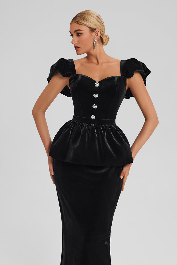 Velvet Peplum Dress with Puff Sleeves