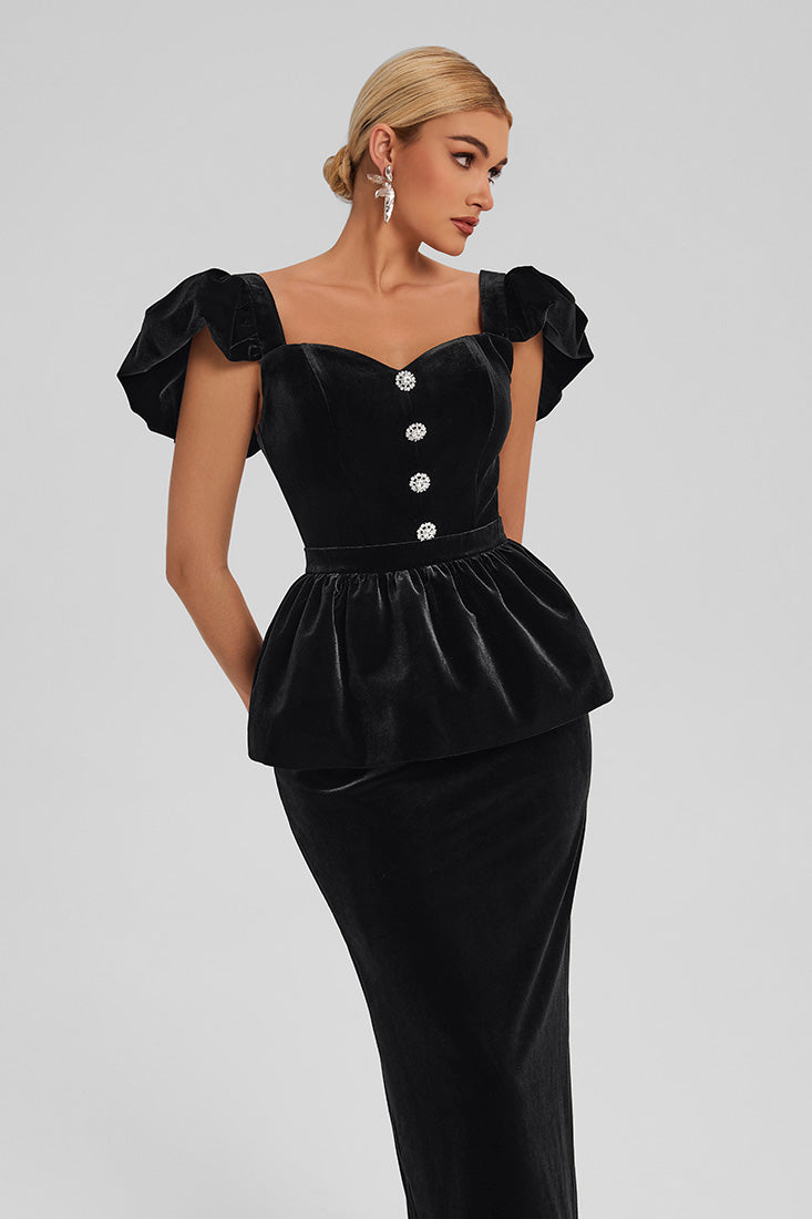 Velvet Peplum Dress with Puff Sleeves