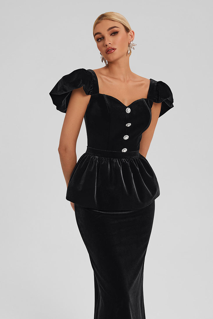 Velvet Peplum Dress with Puff Sleeves