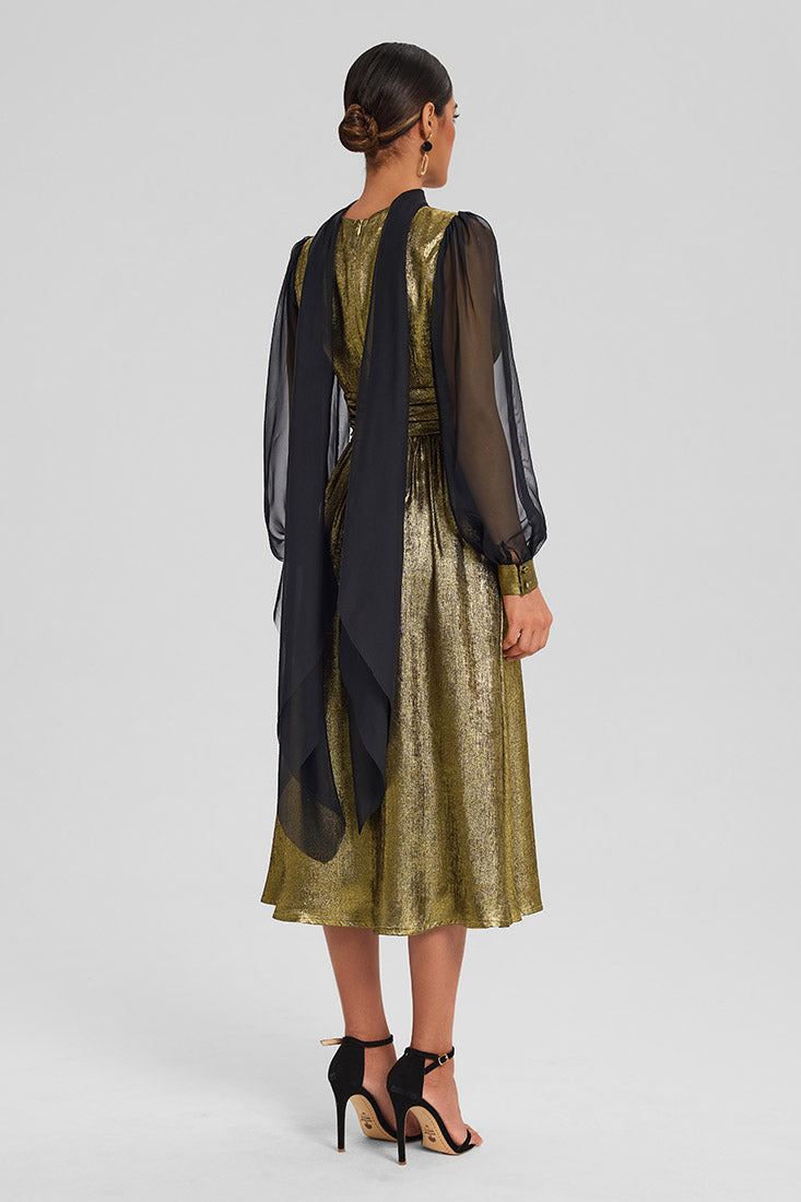 Metallic Chiffon-Sleeve Midi Dress