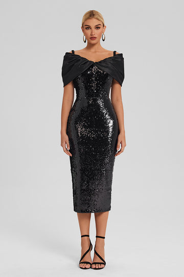 Off-Shoulder Sequin Midi Dress with Corset Bodice