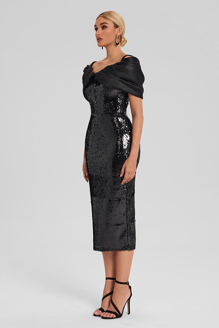 Off-Shoulder Sequin Midi Dress with Corset Bodice