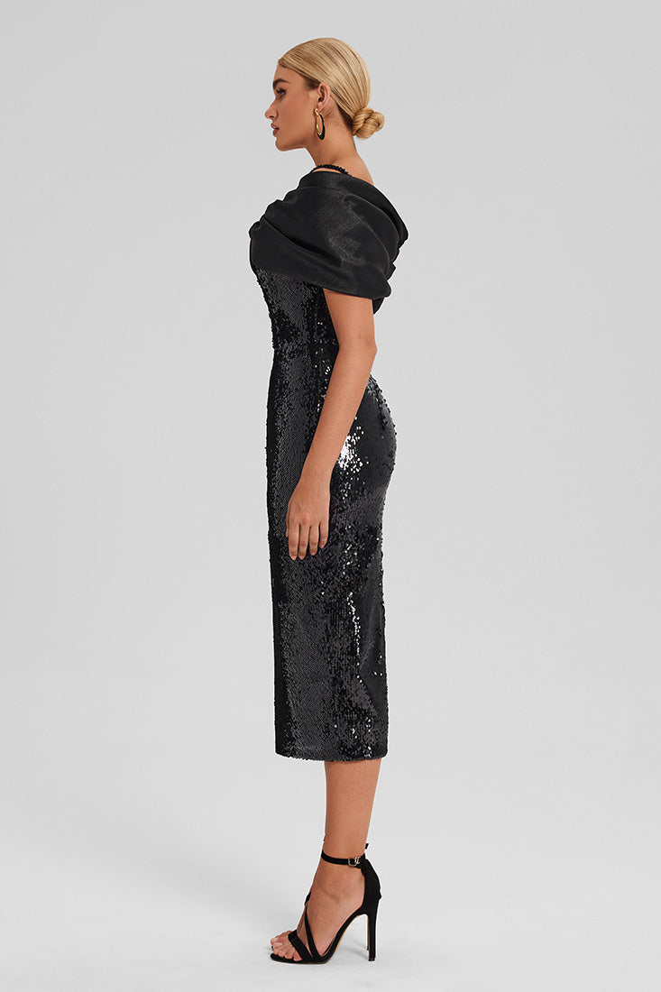 Off-Shoulder Sequin Midi Dress with Corset Bodice