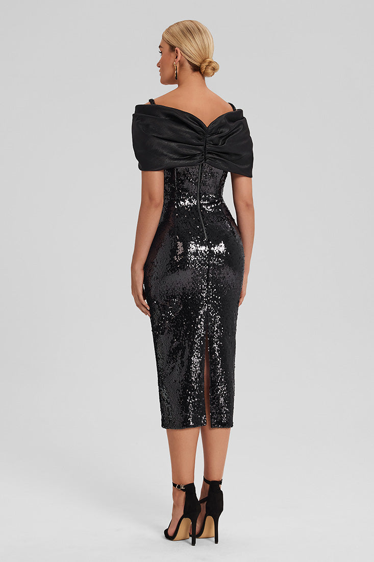 Off-Shoulder Sequin Midi Dress with Corset Bodice