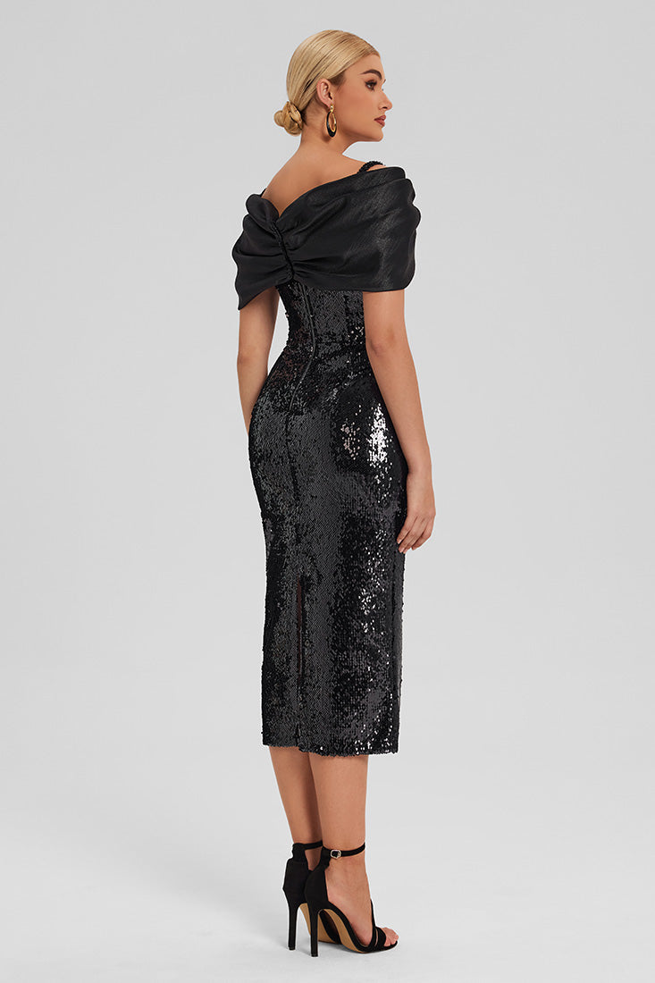 Off-Shoulder Sequin Midi Dress with Corset Bodice